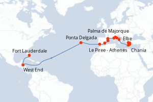 carte itinéraire croisière Transatlantique 25 jours au départ du port de Fort Lauderdale