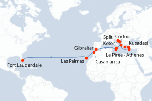 carte itinéraire croisière Transatlantique 25 jours au départ du port de Le Piree - Athenes
