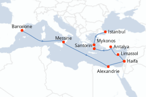 carte itinéraire croisière Sicile 14 jours au départ du port de Barcelone