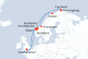 Carte de l'itinéraire de croisière Southampton-Southampton d'une durée de 14 jours