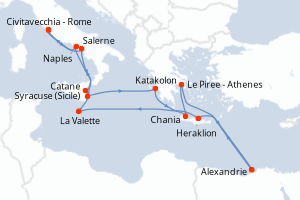 carte itinéraire croisière Sicile 17 jours au départ du port de Civitavecchia - Rome