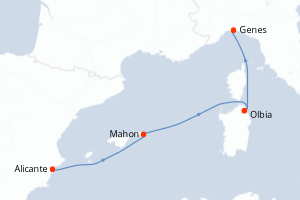Carte de l'itinéraire de croisière Alicante-Genes d'une durée de 3 jours