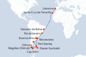 Carte de l'itinéraire de croisière Lisbonne-Buenos Aires d'une durée de 29 jours