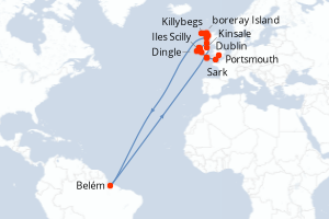 Carte de l'itinéraire de croisière Portsmouth-Dublin d'une durée de 12 jours