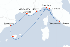 Carte de l'itinéraire de croisière Barcelone-Barcelone d'une durée de 7 jours