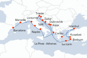 carte itinéraire croisière Méditerranée 21 jours au départ du port de Barcelone