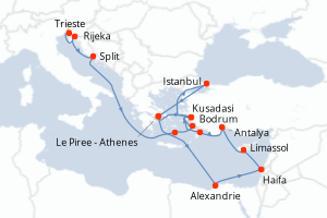 carte itinéraire croisière Adriatique 21 jours au départ du port de Trieste