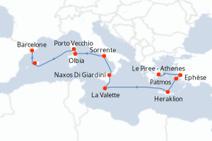 carte itinéraire croisière Sardaigne 12 jours au départ du port de Le Piree - Athenes