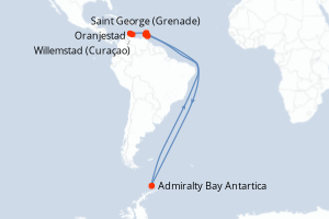Carte de l'itinéraire de croisière Oranjestad-Saint George (Grenade) d'une durée de 10 jours
