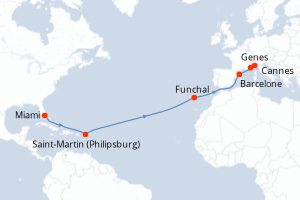 Carte de l'itinéraire de croisière Miami-Genes d'une durée de 15 jours
