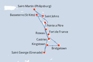 carte itinéraire croisière Caraïbes Bahamas 14 jours au départ du port de Bridgetown