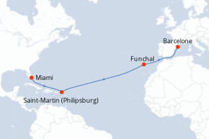 Carte de l'itinéraire de croisière Miami-Barcelone d'une durée de 13 jours