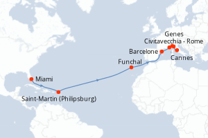 Carte de l'itinéraire de croisière Miami-Civitavecchia - Rome d'une durée de 17 jours