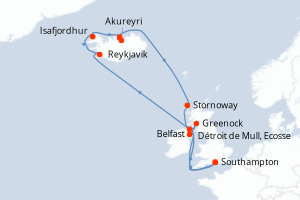Carte de l'itinéraire de croisière Southampton-Southampton d'une durée de 14 jours