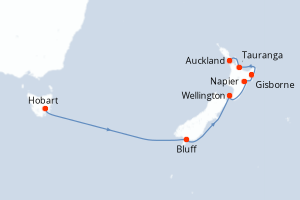 Carte de l'itinéraire de croisière Hobart-Auckland d'une durée de 9 jours