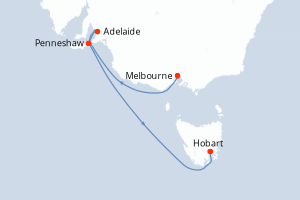 Carte de l'itinéraire de croisière Melbourne-Hobart d'une durée de 6 jours