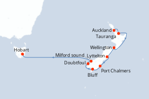 Carte de l'itinéraire de croisière Auckland-Hobart d'une durée de 10 jours