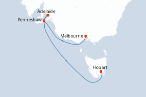 Carte de l'itinéraire de croisière Hobart-Melbourne d'une durée de 6 jours