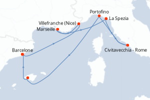 Carte de l'itinéraire de croisière Barcelone-Barcelone d'une durée de 7 jours