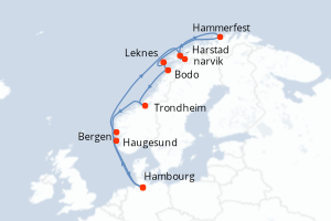 Carte de l'itinéraire de croisière Hambourg-Hambourg d'une durée de 14 jours