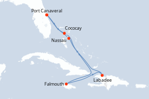 Carte de l'itinéraire de croisière Port Canaveral-Port Canaveral d'une durée de 6 jours