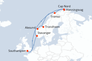 Carte de l'itinéraire de croisière Southampton-Southampton d'une durée de 12 jours