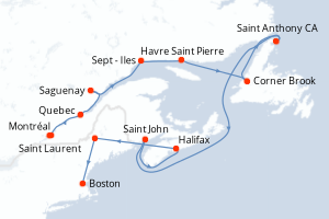 Carte de l'itinéraire de croisière Montréal-Boston d'une durée de 11 jours