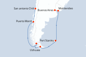 Carte de l'itinéraire de croisière Buenos Aires-San antonio Chili d'une durée de 14 jours