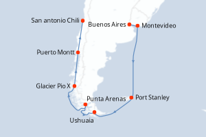 Carte de l'itinéraire de croisière Buenos Aires-San antonio Chili d'une durée de 15 jours
