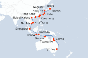 Carte de l'itinéraire de croisière Sydney-Tokyo d'une durée de 38 jours