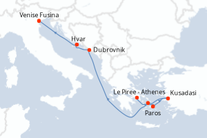 Carte de l'itinéraire de croisière Le Piree - Athenes-Venise Fusina d'une durée de 7 jours