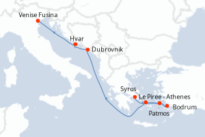 Carte itinéraire croisière Grèce, Turquie, Croatie, Italie - 7 jours au départ de Le Piree - Athenes - Méditerranée