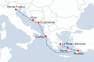 Carte itinéraire croisière Grèce, Croatie, Italie - 7 jours au départ de Le Piree - Athenes - Méditerranée