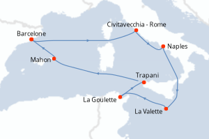 Carte de l'itinéraire de croisière Barcelone-Barcelone d'une durée de 10 jours
