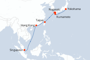 Carte de l'itinéraire de croisière Singapour-Yokohama d'une durée de 12 jours
