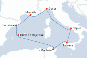Carte de l'itinéraire de croisière Marseille-Marseille d'une durée de 8 jours