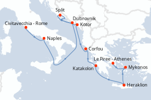 Carte de l'itinéraire de croisière Civitavecchia - Rome-Le Piree - Athenes d'une durée de 10 jours
