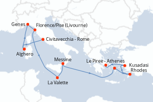 Carte de l'itinéraire de croisière Civitavecchia - Rome-Le Piree - Athenes d'une durée de 11 jours