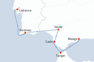 Carte de l'itinéraire de croisière Lisbonne-Malaga d'une durée de 7 jours