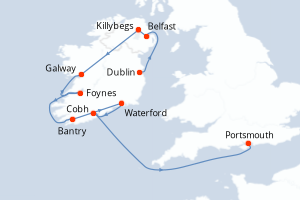 Carte de l'itinéraire de croisière Dublin-Portsmouth d'une durée de 11 jours