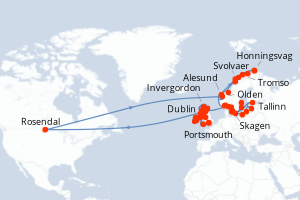Carte itinéraire croisière Norvège, Danemark, Suède, Estonie, Lettonie, Lituanie, Pologne, Irlande, Royaume-Uni - 64 jours au départ de Portsmouth - Atlantique
