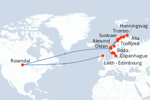 Carte de l'itinéraire de croisière Leith - Edimbourg-Copenhague d'une durée de 17 jours