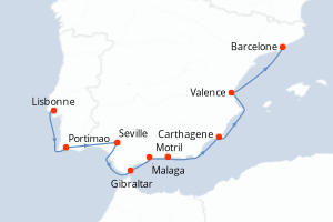 Carte de l'itinéraire de croisière Lisbonne-Barcelone d'une durée de 9 jours