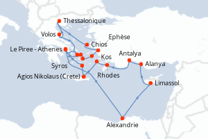 Carte de l'itinéraire de croisière Le Piree - Athenes-Le Piree - Athenes d'une durée de 21 jours