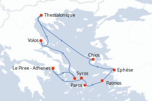 Carte itinéraire croisière Grèce, Turquie - 10 jours au départ de Le Piree - Athenes - Méditerranée