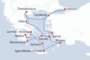 Carte itinéraire croisière Grèce, Turquie - 14 jours au départ de Le Piree - Athenes - Méditerranée