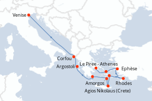 Carte de l'itinéraire de croisière Le Piree - Athenes-Venise d'une durée de 11 jours