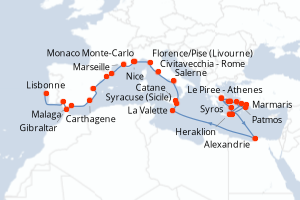 carte itinéraire croisière Atlantique 38 jours au départ du port de Le Piree - Athenes