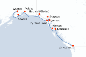 Carte de l'itinéraire de croisière Vancouver-Whittier d'une durée de 10 jours