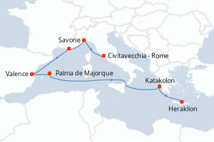 Carte de l'itinéraire de croisière Civitavecchia - Rome-Heraklion d'une durée de 8 jours